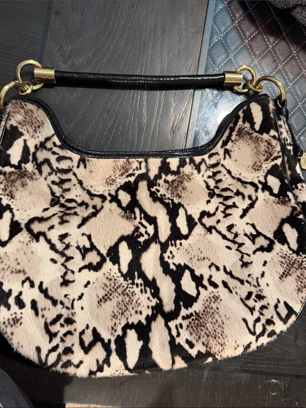 Faux Fur Snake-Print Shoulder Bag in Cream & Black